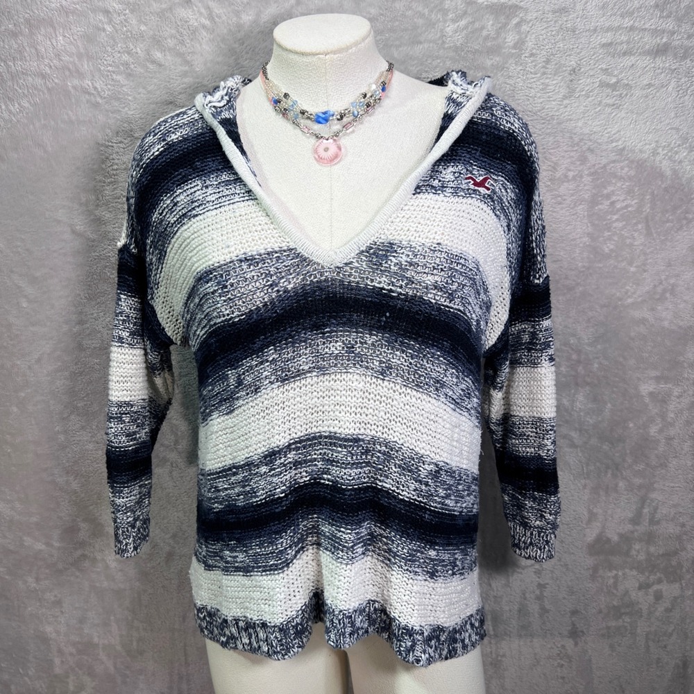 Hollister Striped Knit Hoodie Sweater V Neck Lightweight Casual Womens XS‎ cozy